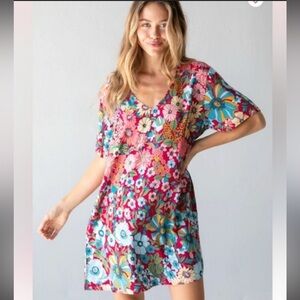 Natural Life Stella Mini Dress Floral Boho Multi-Color V-Neck Rayon XL